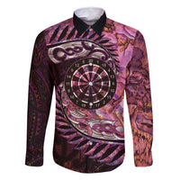 New Zealand Darts Personalised Family Matching Long Sleeve Bodycon Dress and Hawaiian Shirt Aotearoa Silver Fern Pink Papua Shell Spirit LT9 Dad's Shirt - Long Sleeve Pink - Polynesian Pride