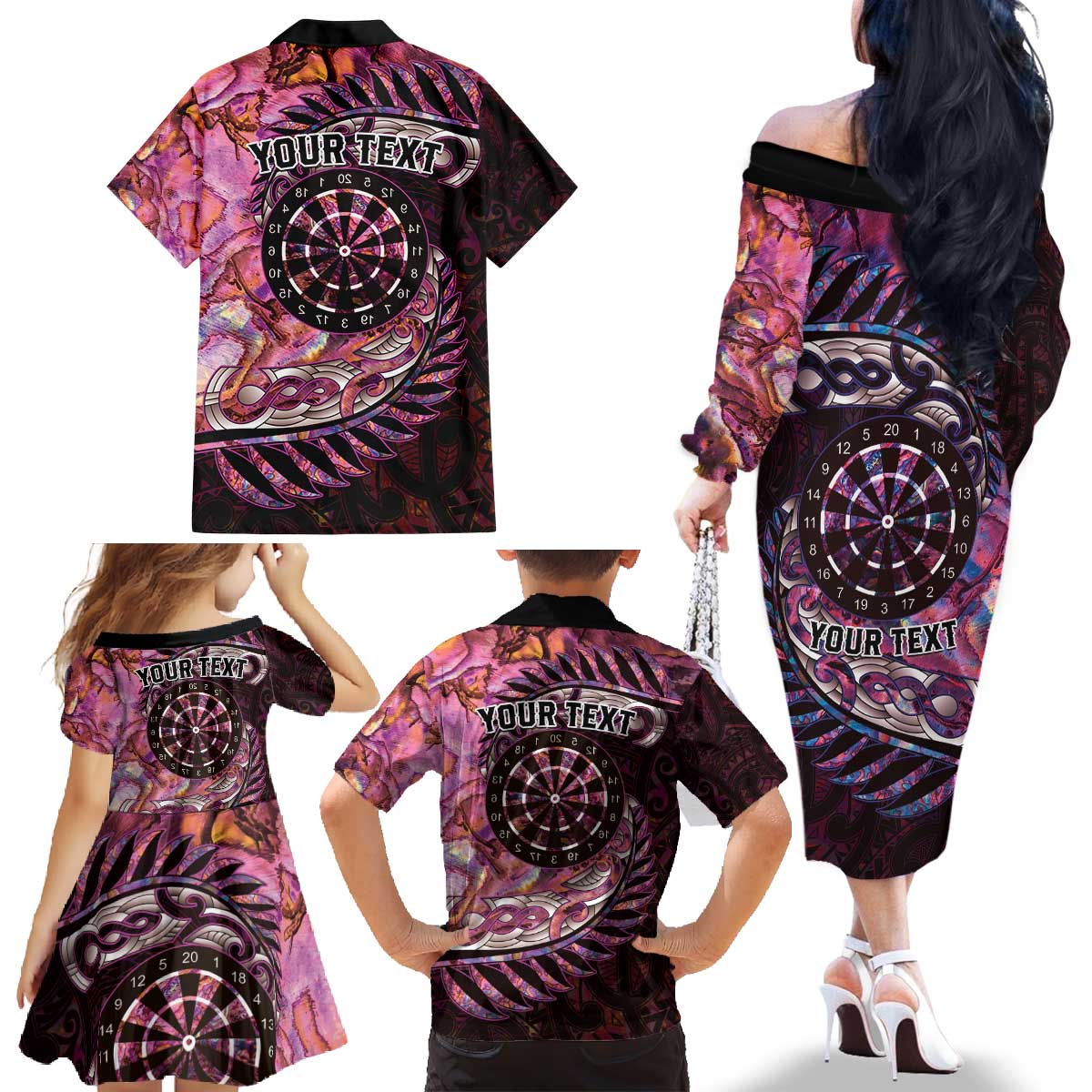 New Zealand Darts Personalised Family Matching Off The Shoulder Long Sleeve Dress and Hawaiian Shirt Aotearoa Silver Fern Pink Papua Shell Spirit LT9 - Polynesian Pride