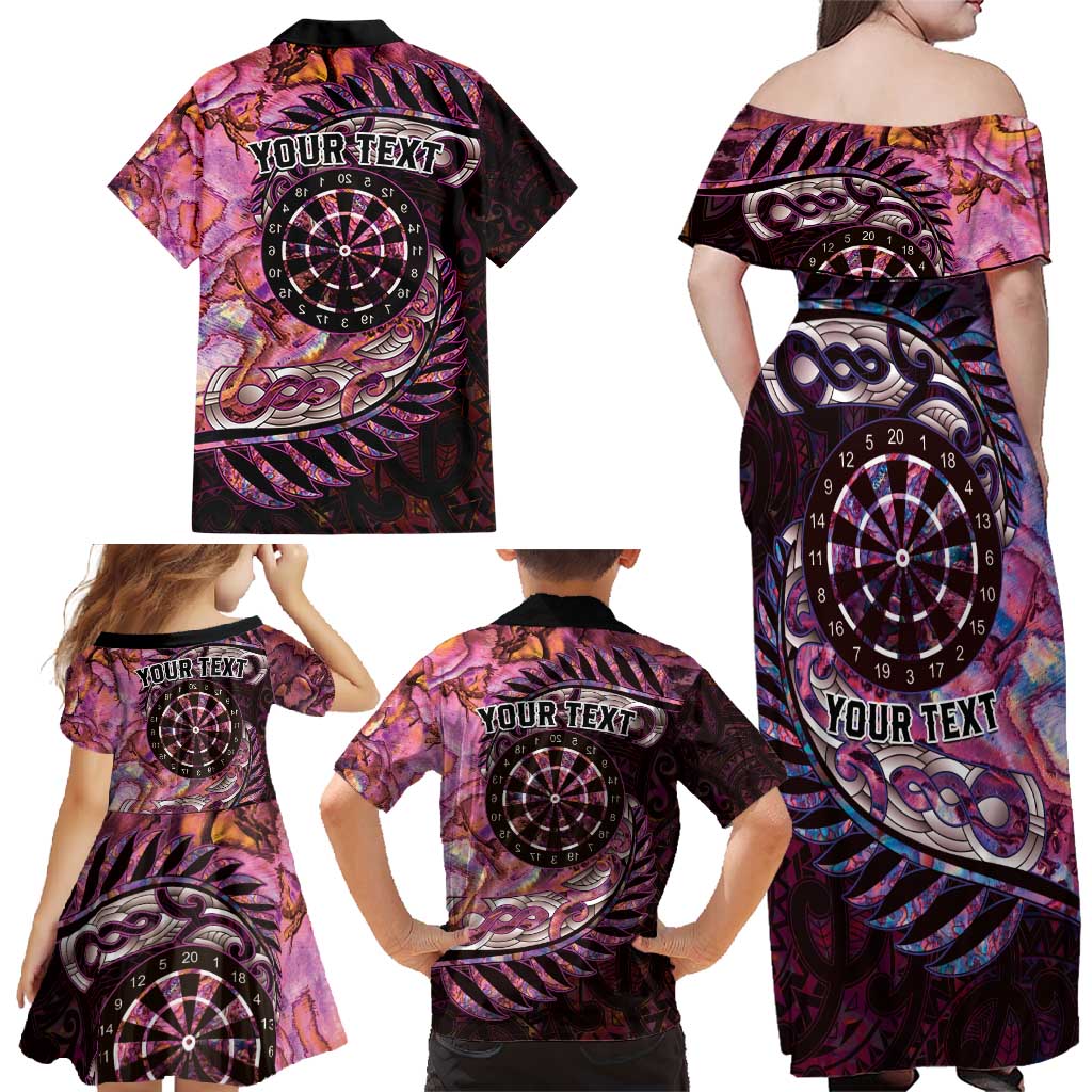 New Zealand Darts Personalised Family Matching Off Shoulder Maxi Dress and Hawaiian Shirt Aotearoa Silver Fern Pink Papua Shell Spirit LT9 - Polynesian Pride