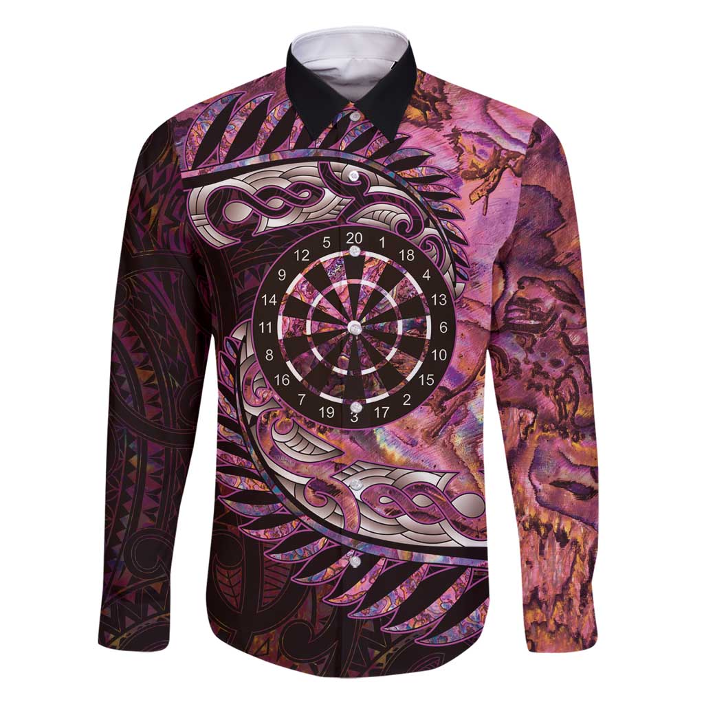 New Zealand Darts Personalised Family Matching Off Shoulder Maxi Dress and Hawaiian Shirt Aotearoa Silver Fern Pink Papua Shell Spirit LT9 Dad's Shirt - Long Sleeve Pink - Polynesian Pride