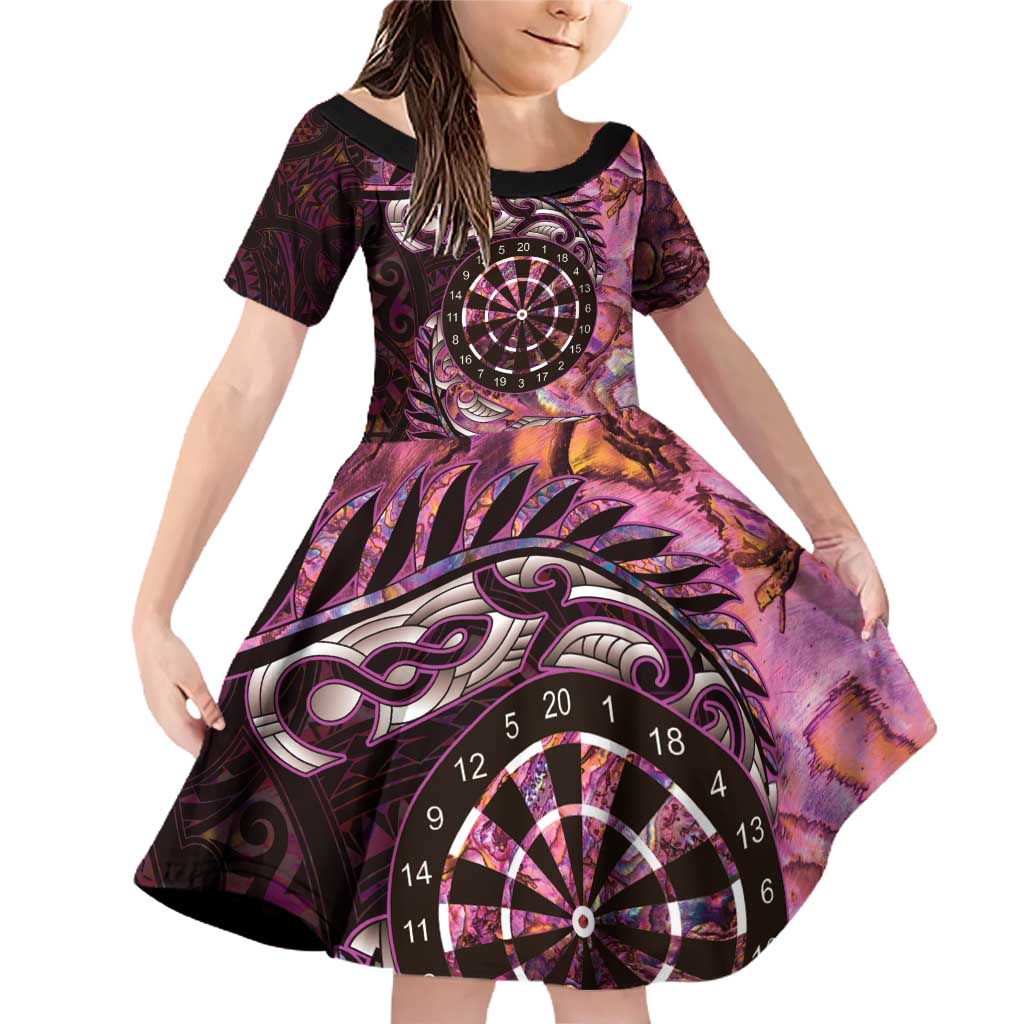 New Zealand Darts Personalised Family Matching Off Shoulder Short Dress and Hawaiian Shirt Aotearoa Silver Fern Pink Papua Shell Spirit LT9 Daughter's Dress Pink - Polynesian Pride