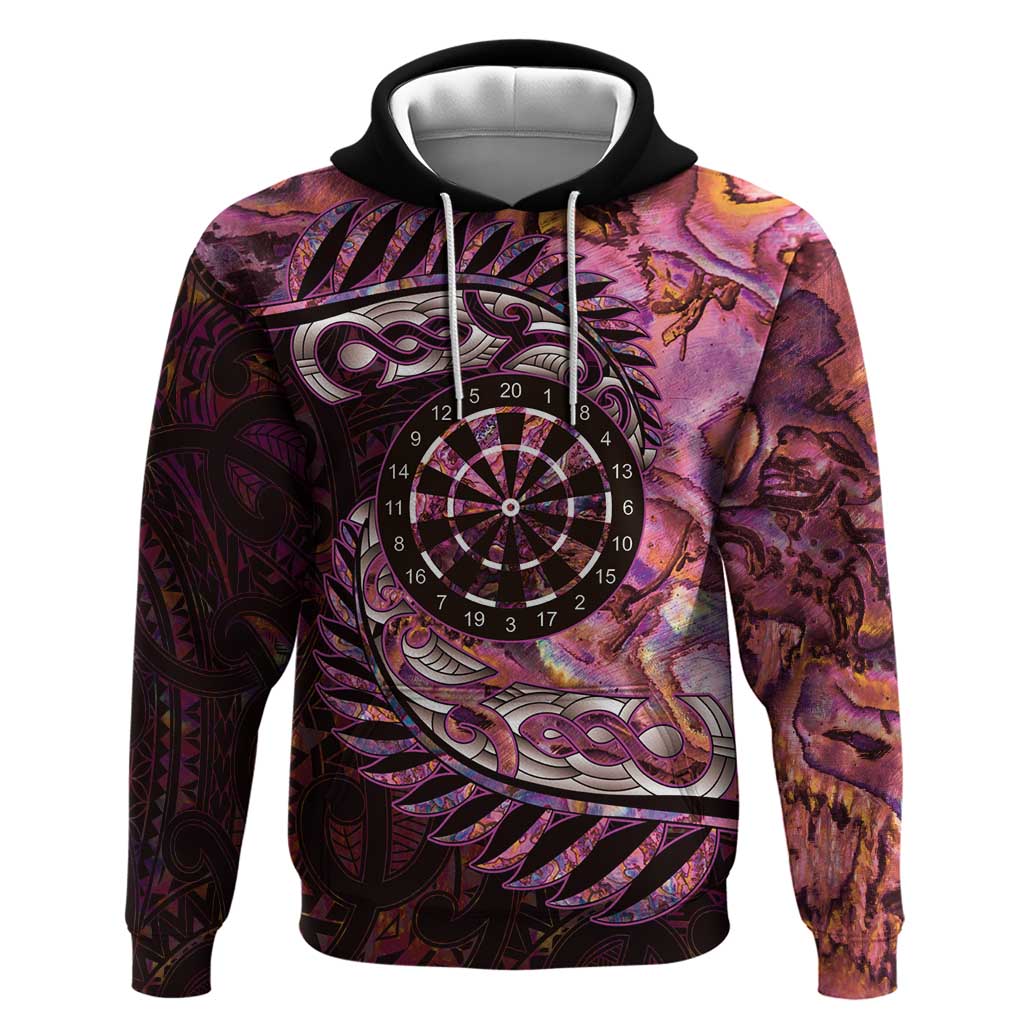 New Zealand Darts Personalised Hoodie Aotearoa Silver Fern Pink Paua Shell Spirit LT9 Pullover Hoodie Pink - Polynesian Pride