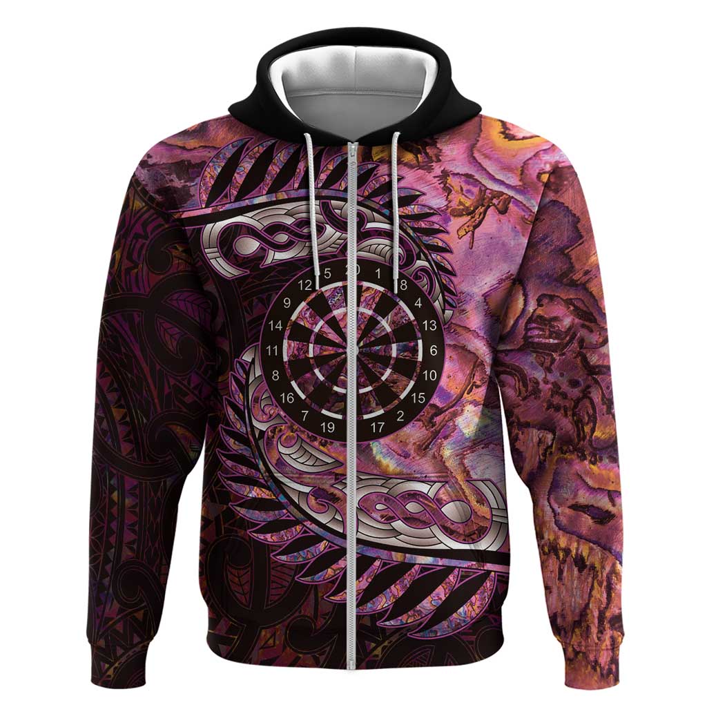 New Zealand Darts Personalised Hoodie Aotearoa Silver Fern Pink Paua Shell Spirit LT9 Zip Hoodie Pink - Polynesian Pride