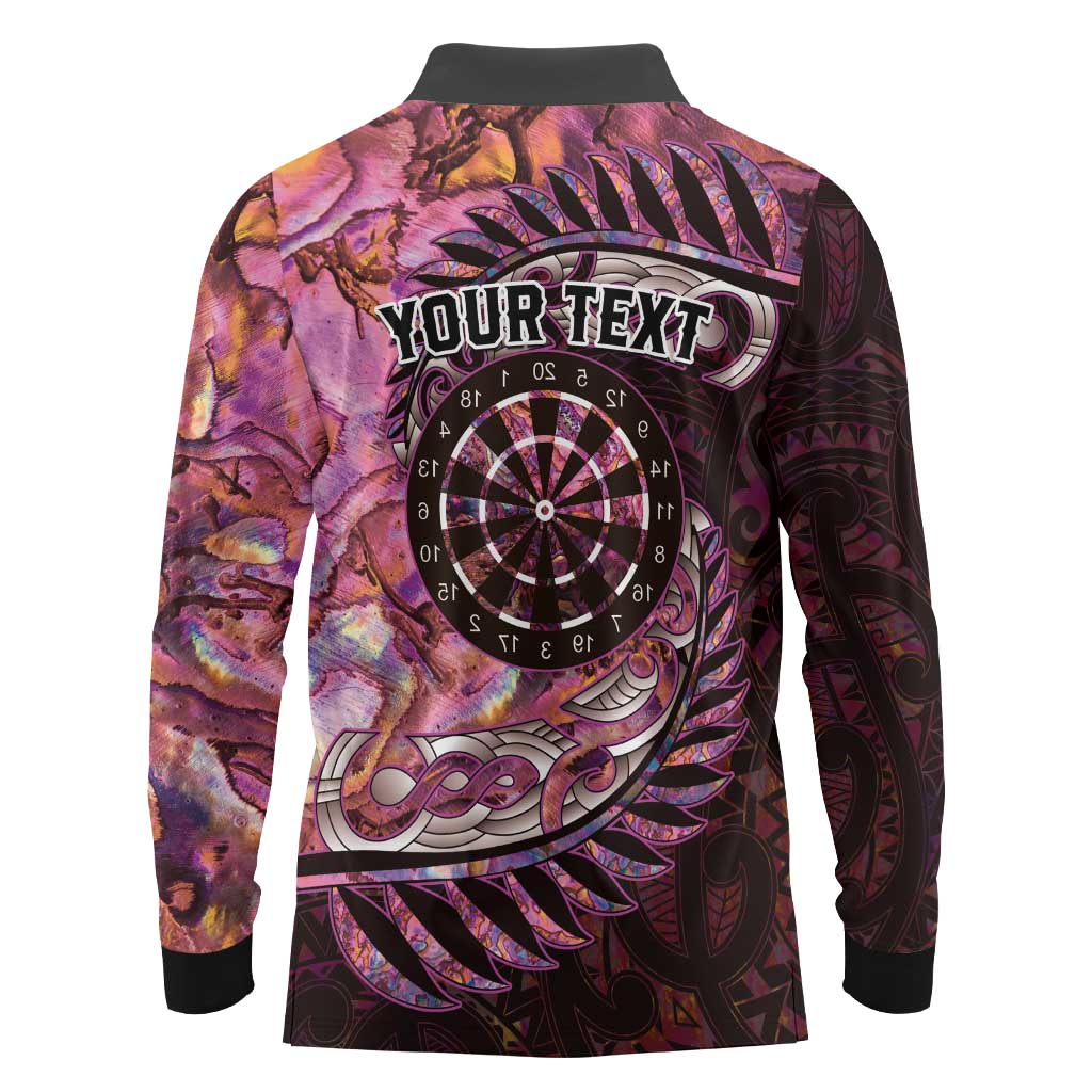 New Zealand Darts Personalised Long Sleeve Polo Shirt Aotearoa Silver Fern Pink Papua Shell Spirit LT9 - Polynesian Pride