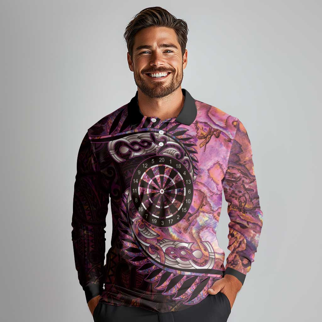 New Zealand Darts Personalised Long Sleeve Polo Shirt Aotearoa Silver Fern Pink Papua Shell Spirit LT9 - Polynesian Pride