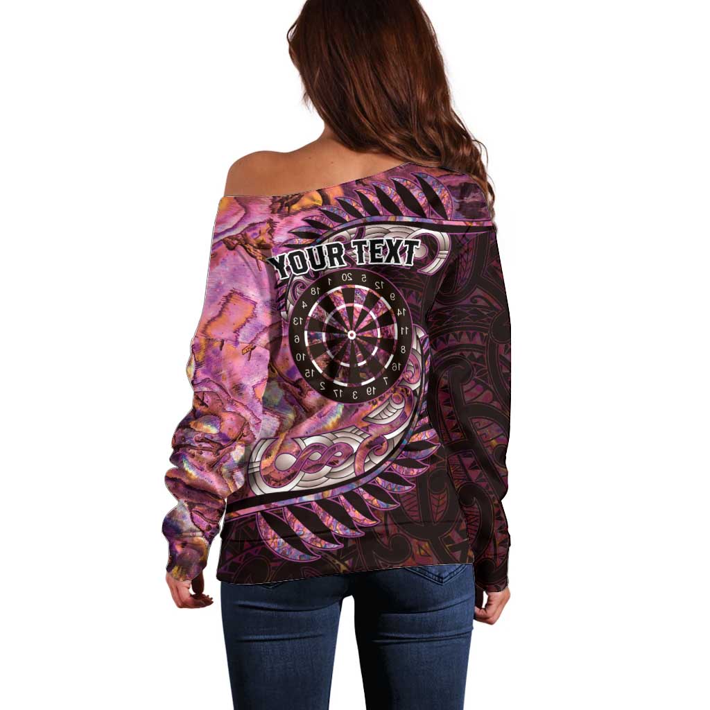 New Zealand Darts Personalised Off Shoulder Sweater Aotearoa Silver Fern Pink Papua Shell Spirit LT9 - Polynesian Pride