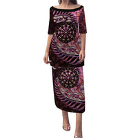 New Zealand Darts Personalised Puletasi Aotearoa Silver Fern Pink Papua Shell Spirit LT9 Long Dress Pink - Polynesian Pride