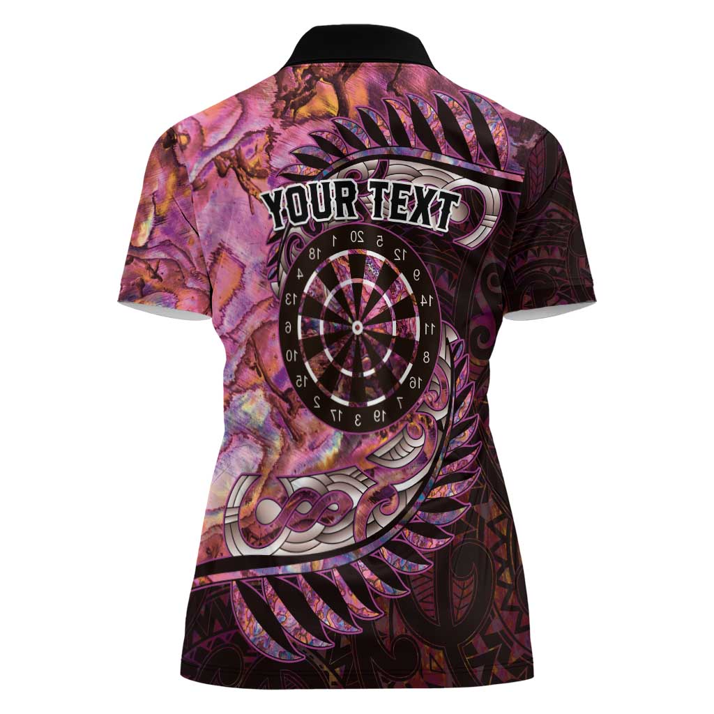 New Zealand Darts Personalised Women Polo Shirt Aotearoa Silver Fern Pink Papua Shell Spirit LT9 - Polynesian Pride