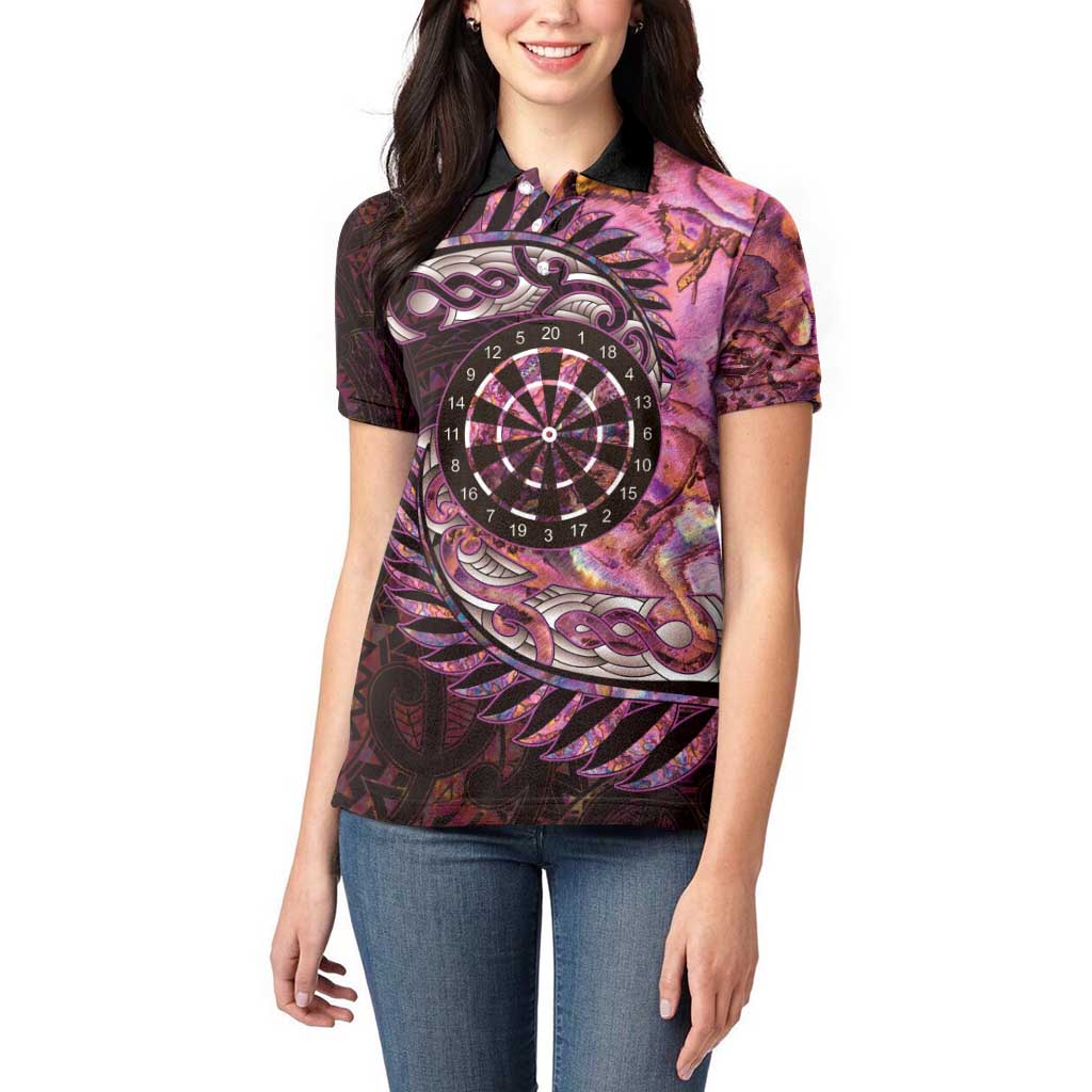 New Zealand Darts Personalised Women Polo Shirt Aotearoa Silver Fern Pink Papua Shell Spirit LT9 - Polynesian Pride