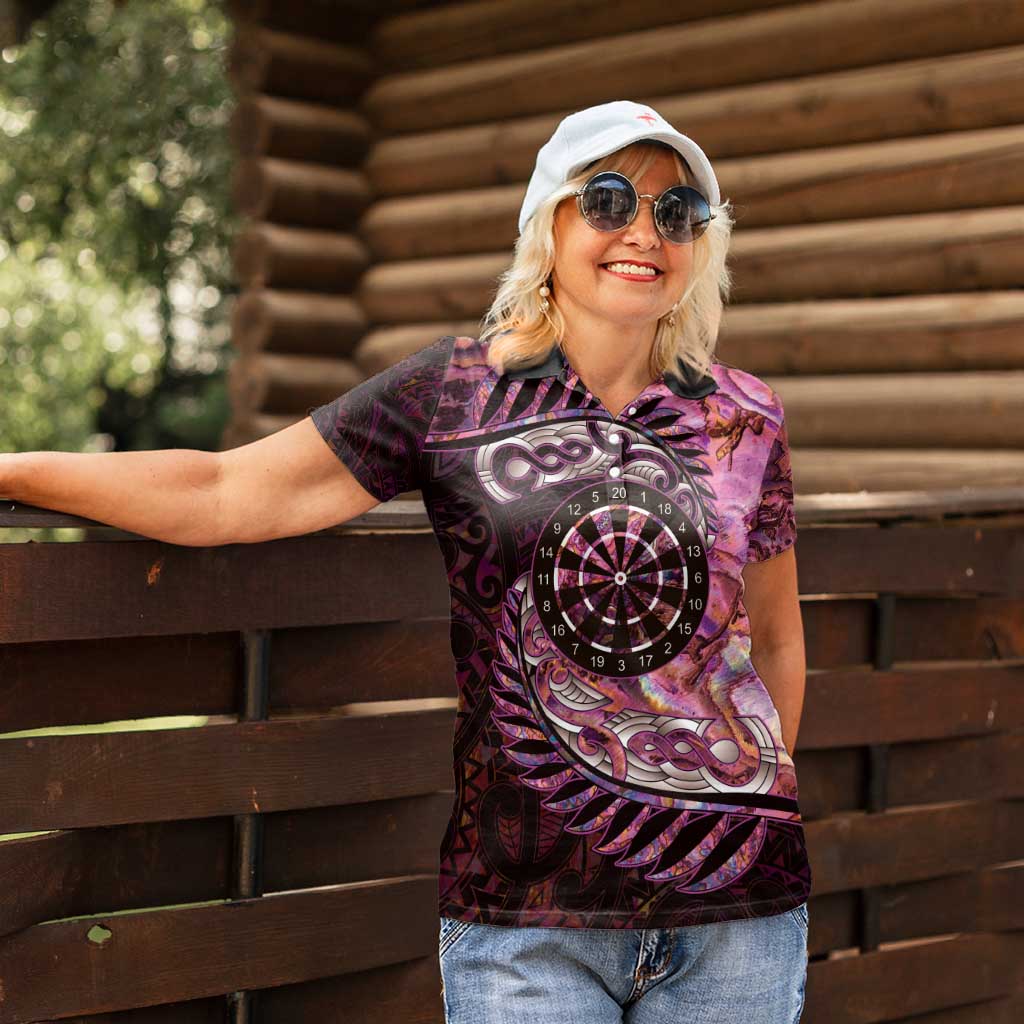 New Zealand Darts Personalised Women Polo Shirt Aotearoa Silver Fern Pink Papua Shell Spirit LT9 - Polynesian Pride