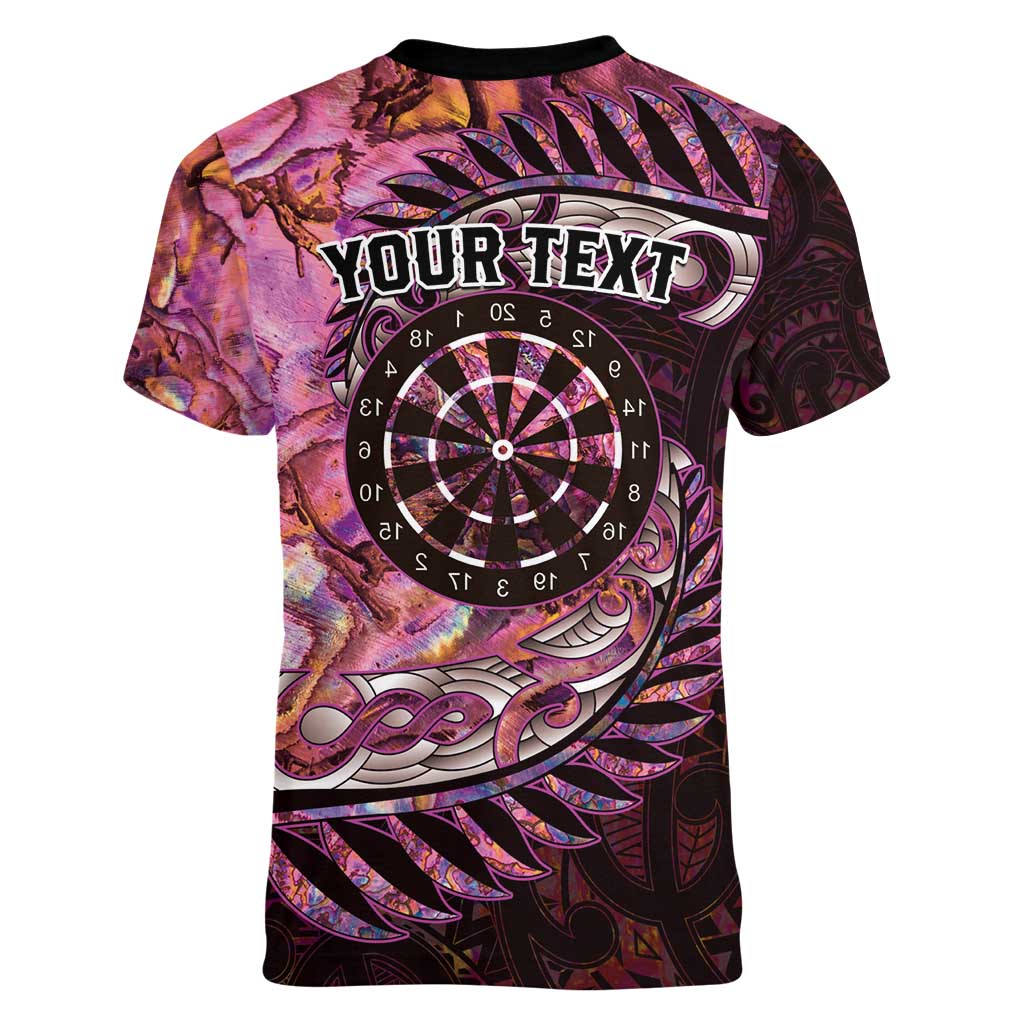 New Zealand Darts Personalised Women V-Neck T-Shirt Aotearoa Silver Fern Pink Papua Shell Spirit LT9 - Polynesian Pride