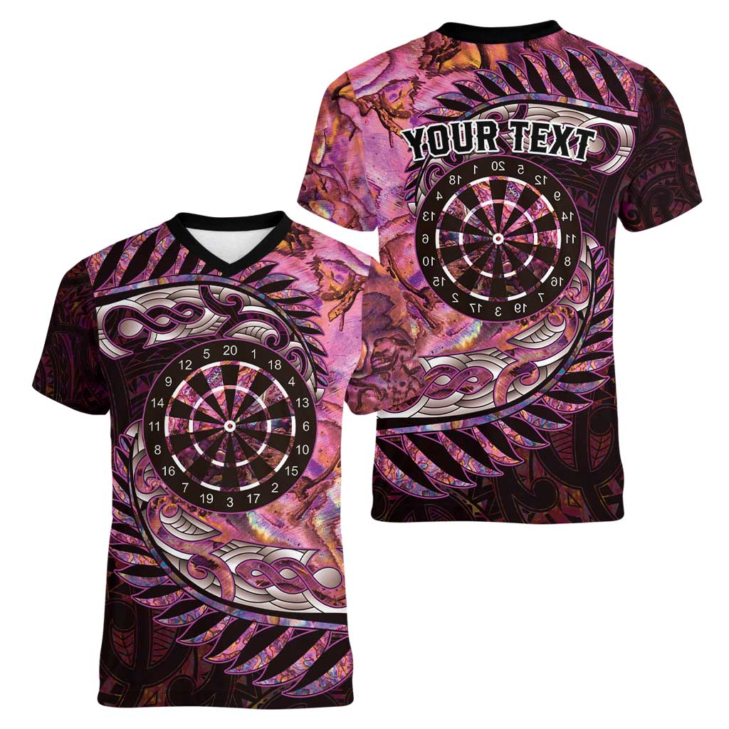 New Zealand Darts Personalised Women V-Neck T-Shirt Aotearoa Silver Fern Pink Papua Shell Spirit LT9 - Polynesian Pride