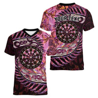 New Zealand Darts Personalised Women V-Neck T-Shirt Aotearoa Silver Fern Pink Papua Shell Spirit LT9 - Polynesian Pride