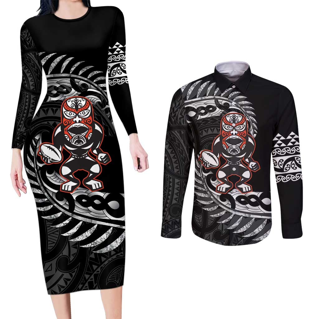 New Zealand Indigenous-Maori Rugby Custom Couples Matching Long Sleeve Bodycon Dress and Long Sleeve Button Shirt