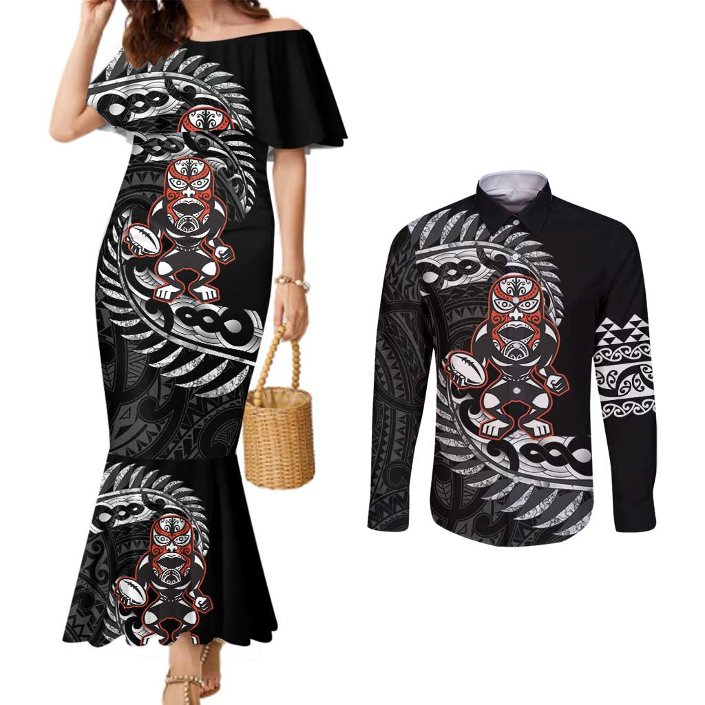 New Zealand Indigenous-Maori Rugby Custom Couples Matching Mermaid Dress and Long Sleeve Button Shirt