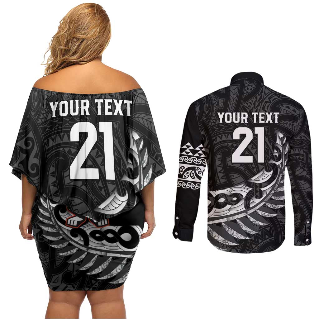 New Zealand Indigenous-Maori Rugby Custom Couples Matching Off Shoulder Short Dress and Long Sleeve Button Shirt