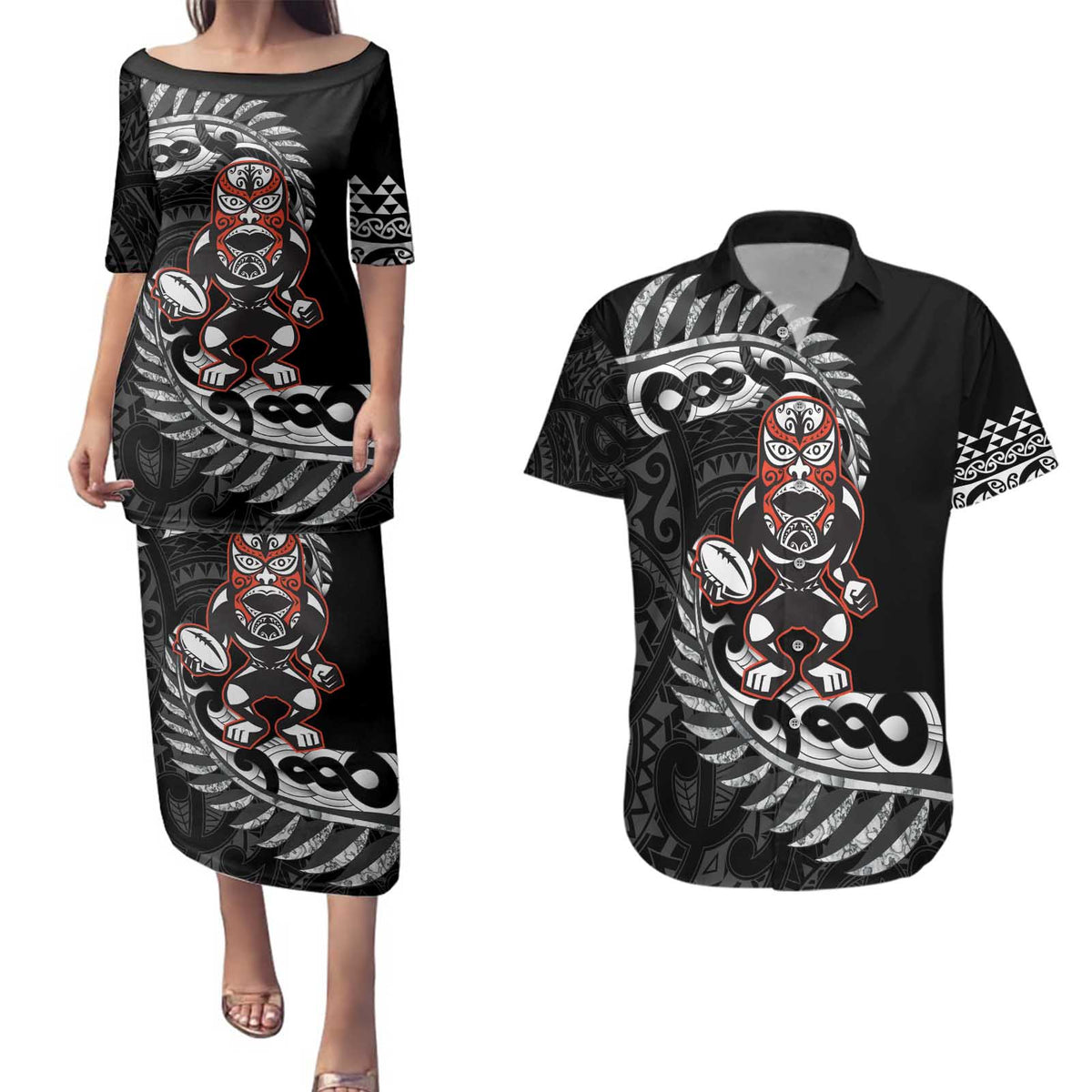 New Zealand Indigenous-Maori Rugby Custom Couples Matching Puletasi and Hawaiian Shirt