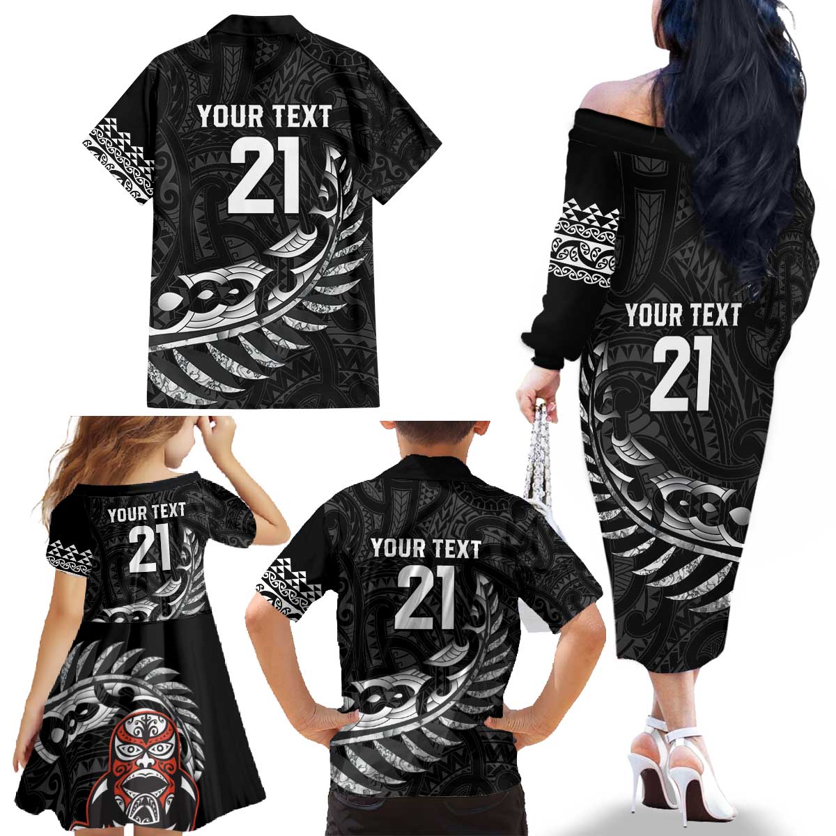 New Zealand Indigenous-Maori Rugby Custom Family Matching Off The Shoulder Long Sleeve Dress and Hawaiian Shirt