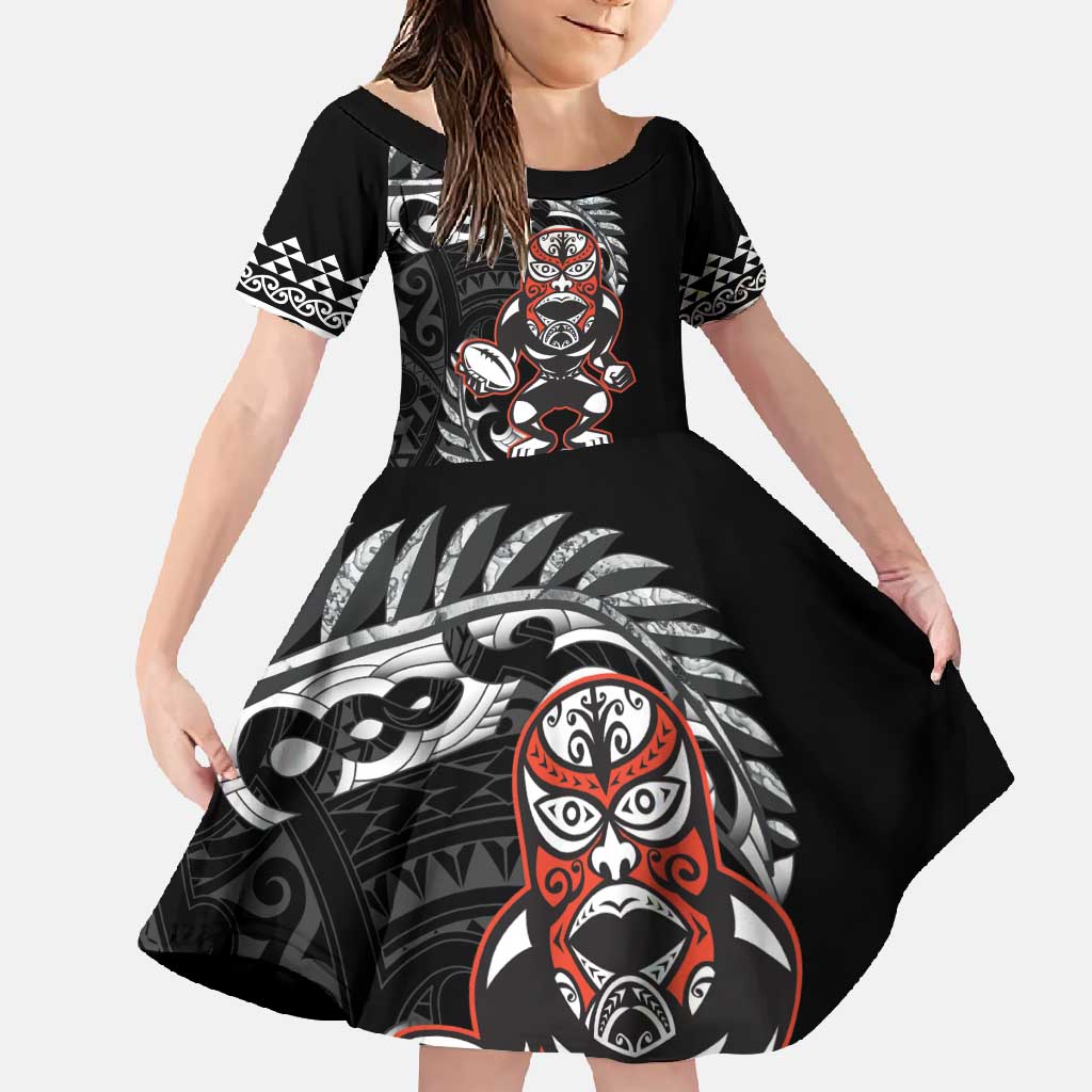 New Zealand Indigenous-Maori Rugby Custom Family Matching Off Shoulder Maxi Dress and Hawaiian Shirt LT9 Daughter's Dress Black - Polynesian Pride