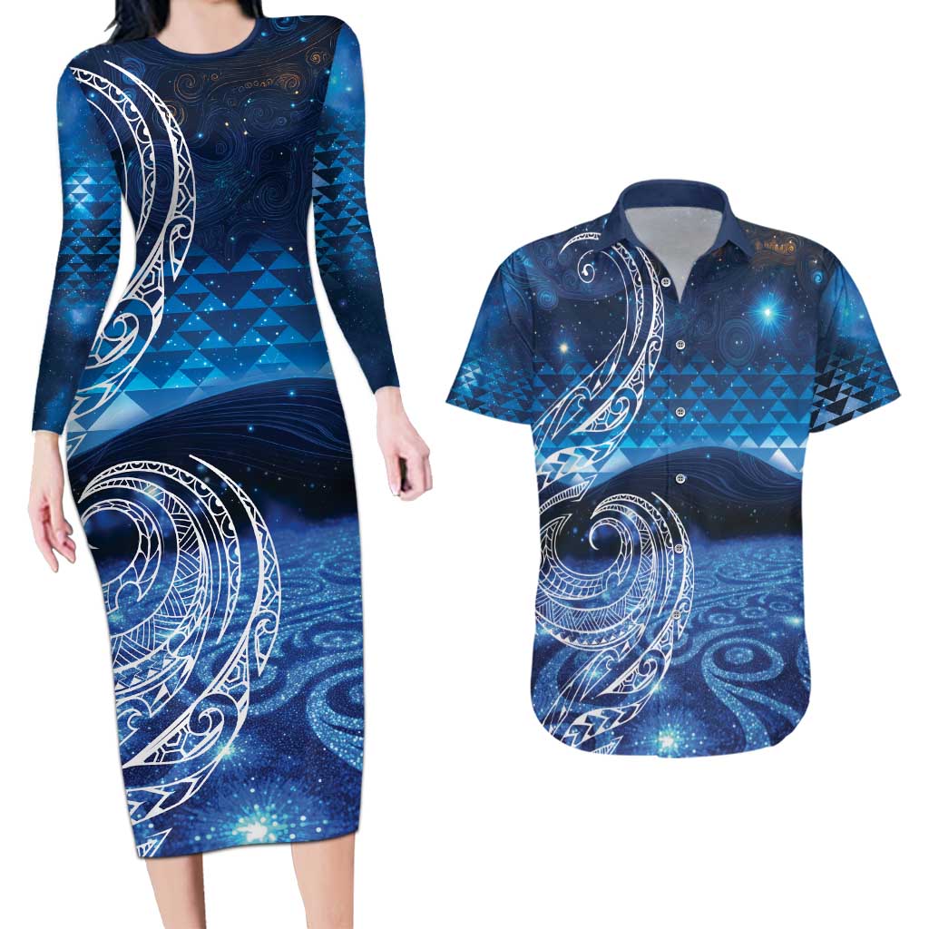 New Zealand Matariki Couples Matching Long Sleeve Bodycon Dress and Hawaiian Shirt Taniko Aramoana With Koru Galaxy Sky Night LT9 Galaxy - Polynesian Pride