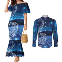 New Zealand Matariki Couples Matching Mermaid Dress and Long Sleeve Button Shirt Taniko Aramoana With Koru Galaxy Sky Night LT9 Galaxy - Polynesian Pride