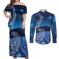 New Zealand Matariki Couples Matching Off Shoulder Maxi Dress and Long Sleeve Button Shirt Taniko Aramoana With Koru Galaxy Sky Night LT9 Galaxy - Polynesian Pride