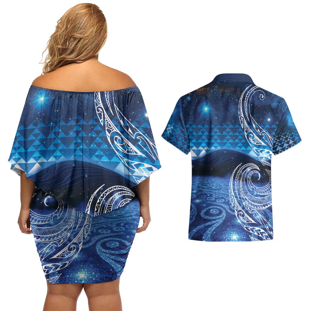 New Zealand Matariki Couples Matching Off Shoulder Short Dress and Hawaiian Shirt Taniko Aramoana With Koru Galaxy Sky Night LT9 - Polynesian Pride
