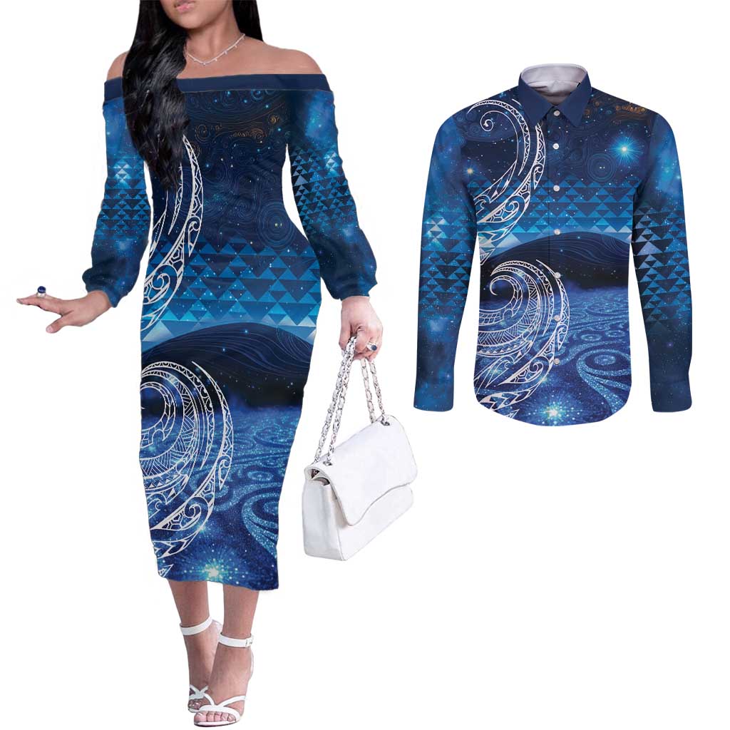 New Zealand Matariki Couples Matching Off The Shoulder Long Sleeve Dress and Long Sleeve Button Shirt Taniko Aramoana With Koru Galaxy Sky Night LT9 Galaxy - Polynesian Pride