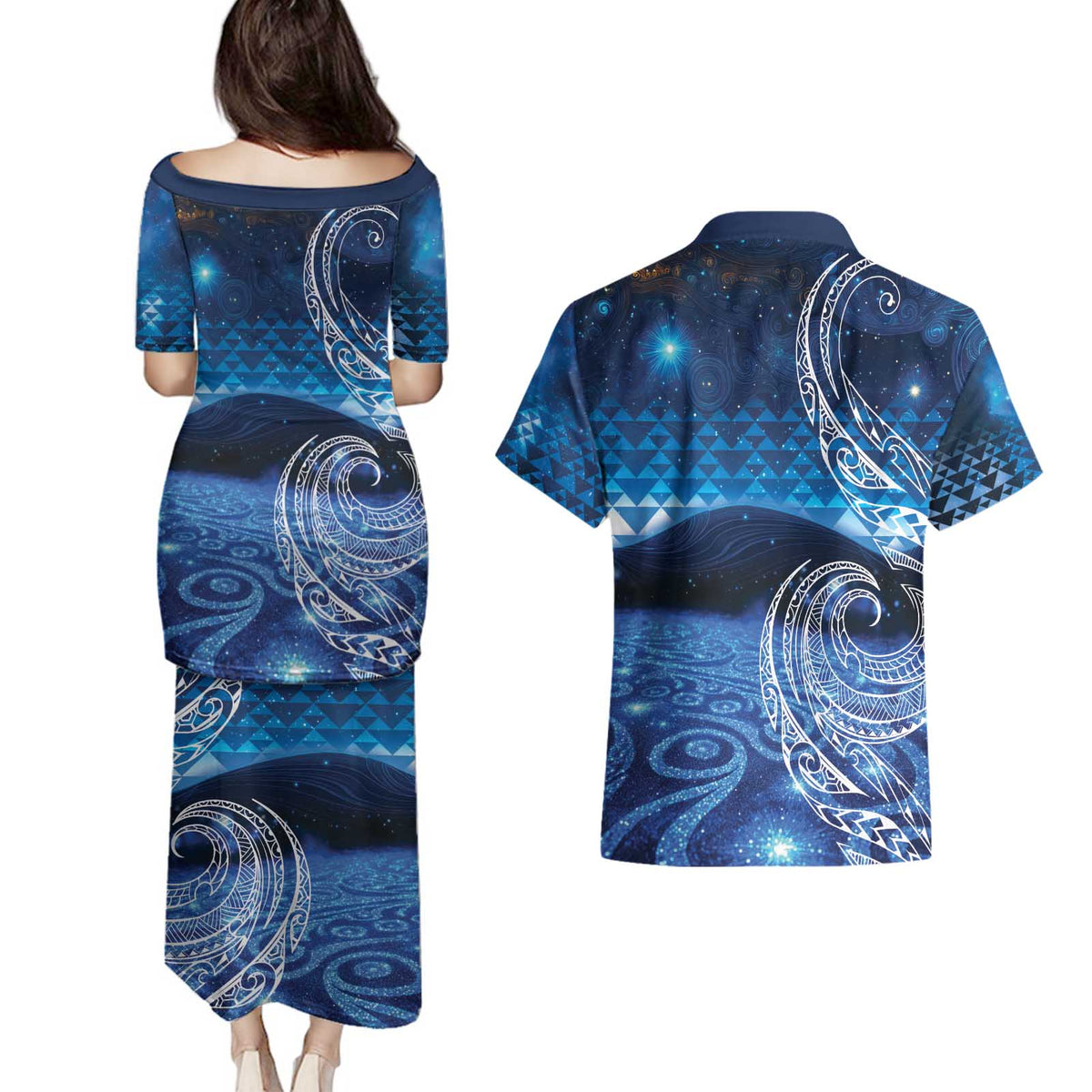 New Zealand Matariki Couples Matching Puletasi and Hawaiian Shirt Taniko Aramoana With Koru Galaxy Sky Night LT9 - Polynesian Pride
