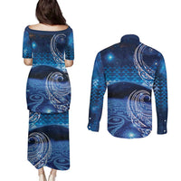 New Zealand Matariki Couples Matching Puletasi and Long Sleeve Button Shirt Taniko Aramoana With Koru Galaxy Sky Night LT9 - Polynesian Pride