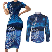 New Zealand Matariki Couples Matching Short Sleeve Bodycon Dress and Long Sleeve Button Shirt Taniko Aramoana With Koru Galaxy Sky Night LT9 Galaxy - Polynesian Pride