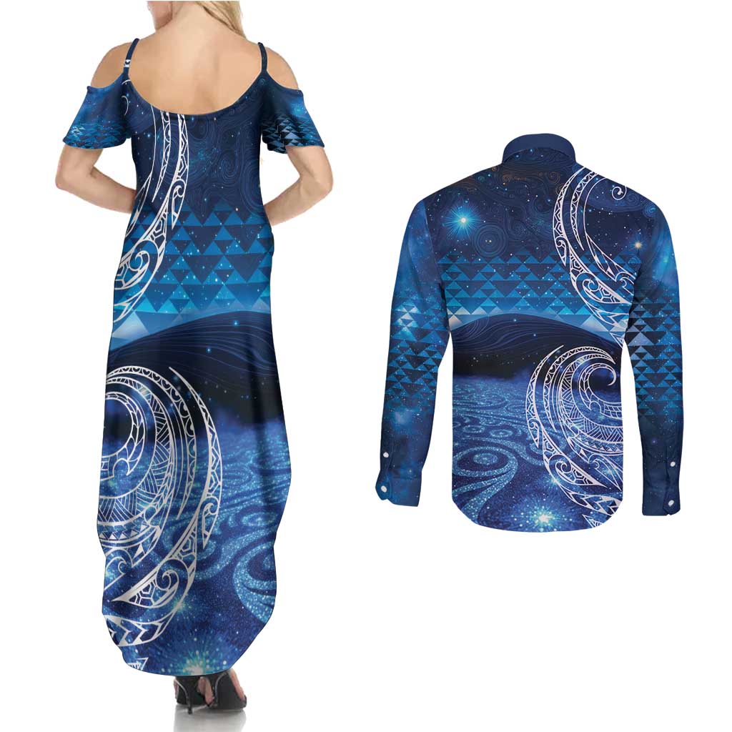 New Zealand Matariki Couples Matching Summer Maxi Dress and Long Sleeve Button Shirt Taniko Aramoana With Koru Galaxy Sky Night LT9 - Polynesian Pride