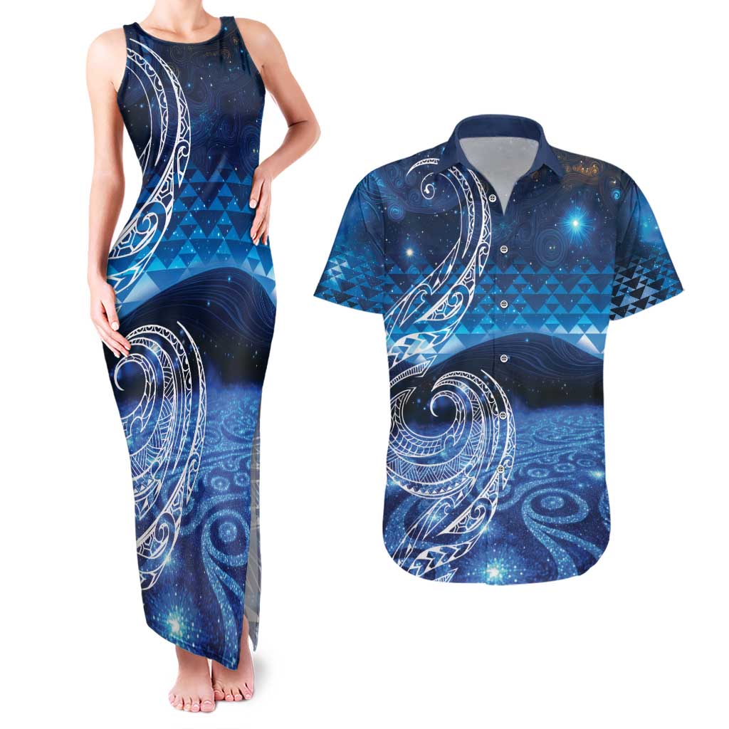 New Zealand Matariki Couples Matching Tank Maxi Dress and Hawaiian Shirt Taniko Aramoana With Koru Galaxy Sky Night LT9 Galaxy - Polynesian Pride