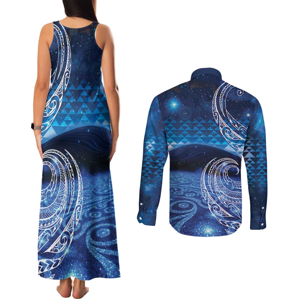 New Zealand Matariki Couples Matching Tank Maxi Dress and Long Sleeve Button Shirt Taniko Aramoana With Koru Galaxy Sky Night LT9 - Polynesian Pride