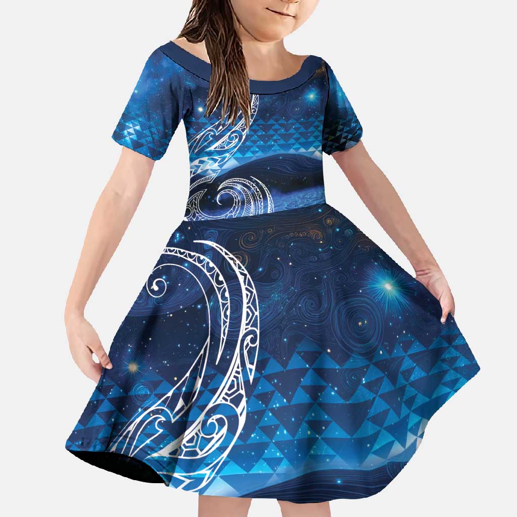 New Zealand Matariki Family Matching Long Sleeve Bodycon Dress and Hawaiian Shirt Taniko Aramoana With Koru Galaxy Sky Night LT9 Daughter's Dress Galaxy - Polynesian Pride