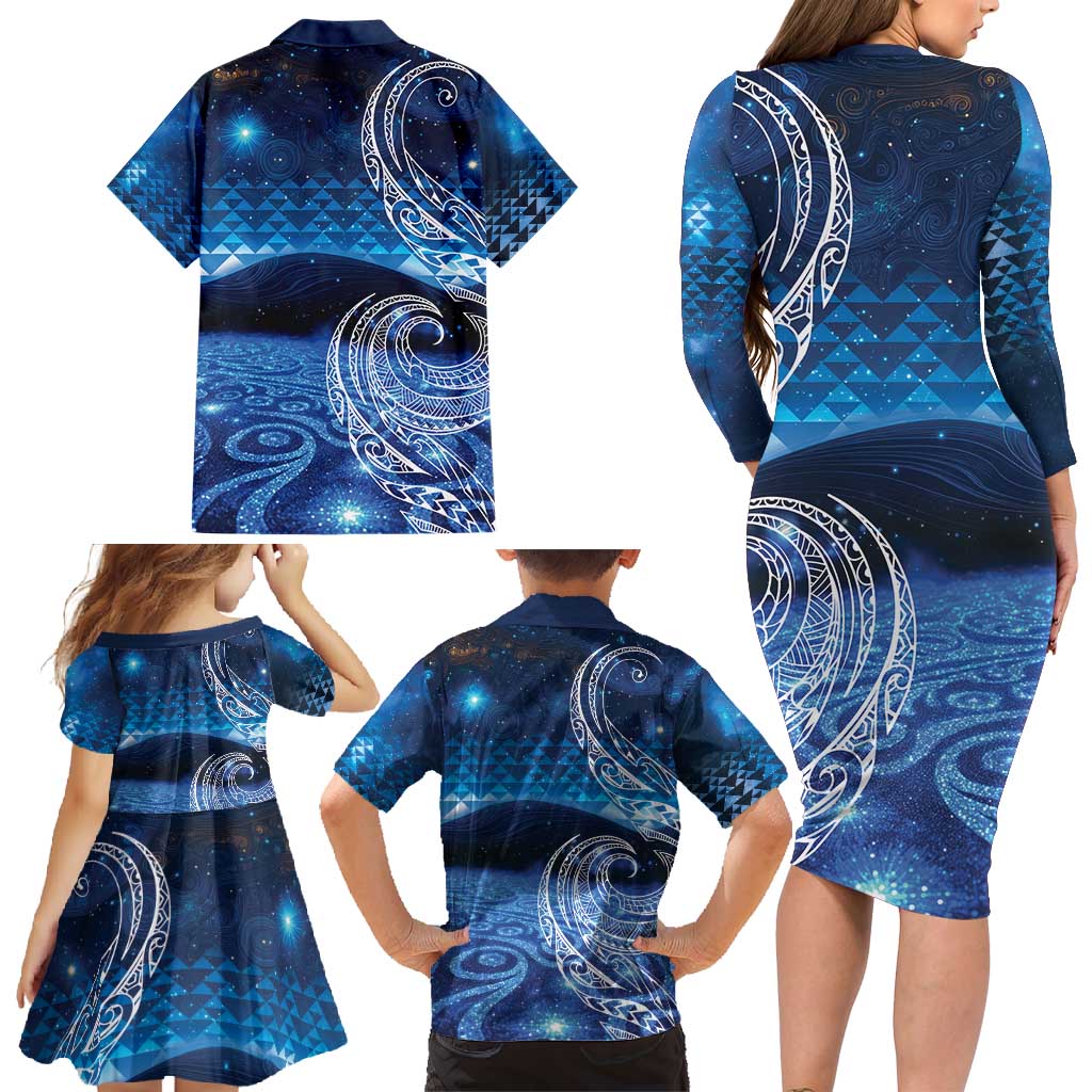 New Zealand Matariki Family Matching Long Sleeve Bodycon Dress and Hawaiian Shirt Taniko Aramoana With Koru Galaxy Sky Night LT9 - Polynesian Pride