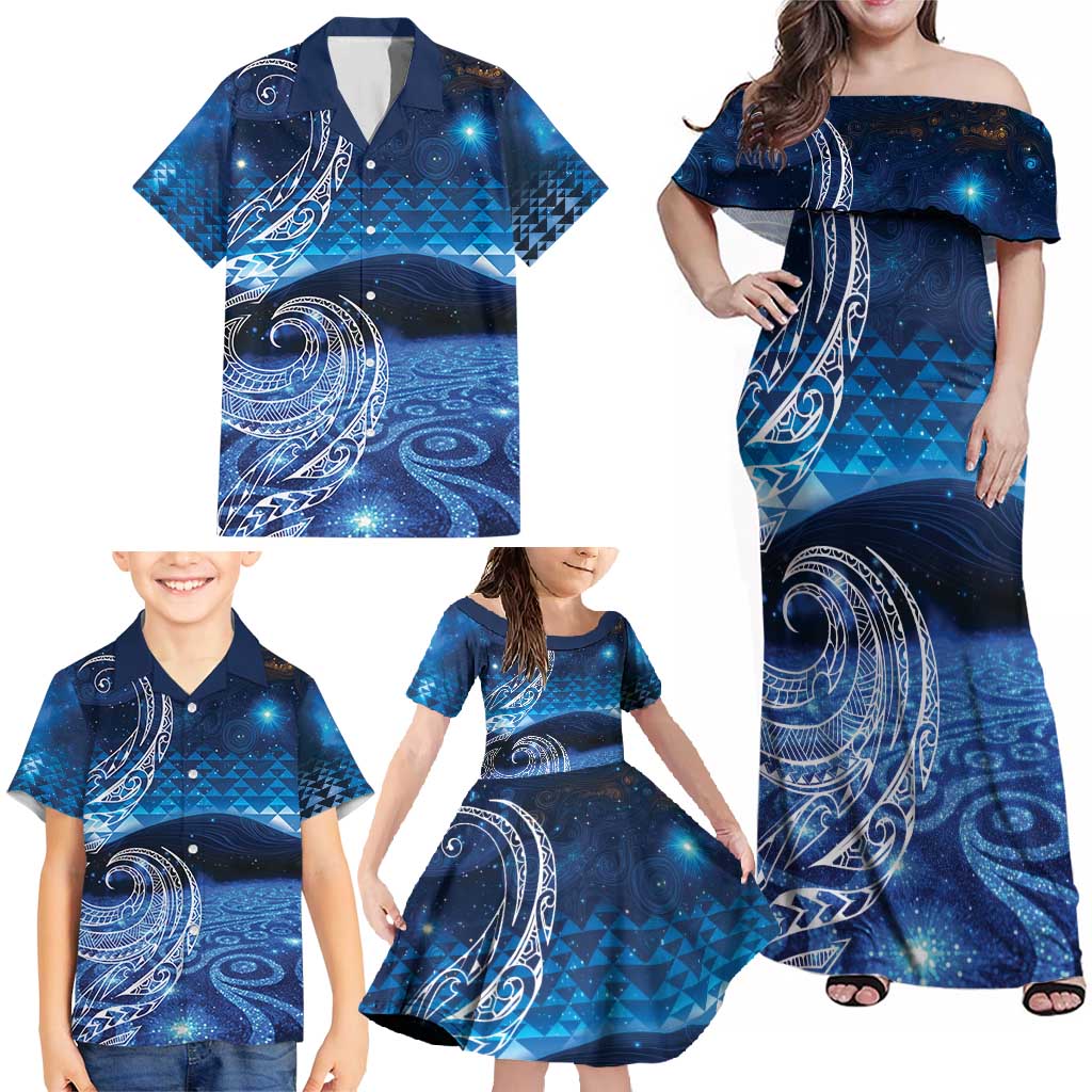 New Zealand Matariki Family Matching Off Shoulder Maxi Dress and Hawaiian Shirt Taniko Aramoana With Koru Galaxy Sky Night LT9 - Polynesian Pride