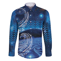 New Zealand Matariki Family Matching Off Shoulder Maxi Dress and Hawaiian Shirt Taniko Aramoana With Koru Galaxy Sky Night LT9 Dad's Shirt - Long Sleeve Galaxy - Polynesian Pride