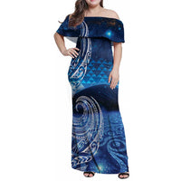 New Zealand Matariki Family Matching Off Shoulder Maxi Dress and Hawaiian Shirt Taniko Aramoana With Koru Galaxy Sky Night LT9 Mom's Dress Galaxy - Polynesian Pride