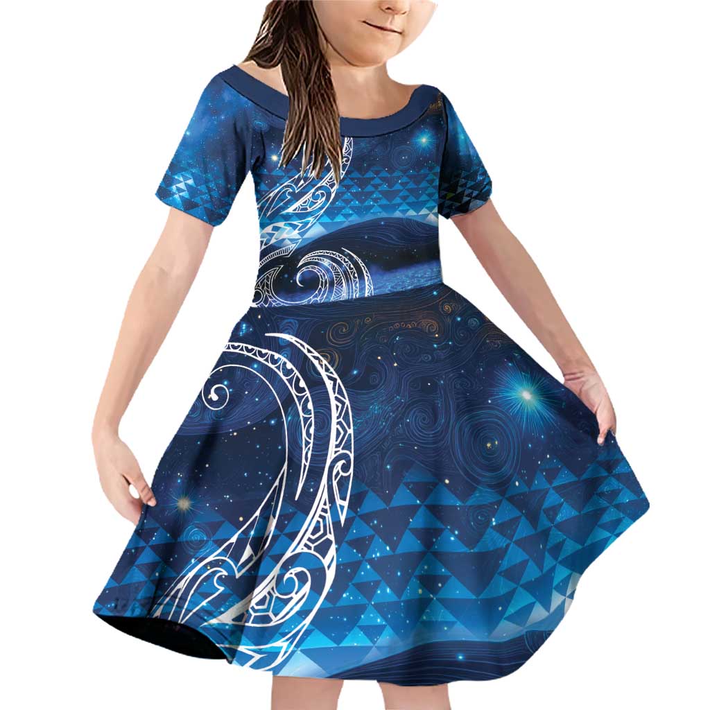 New Zealand Matariki Family Matching Off Shoulder Short Dress and Hawaiian Shirt Taniko Aramoana With Koru Galaxy Sky Night LT9 Daughter's Dress Galaxy - Polynesian Pride