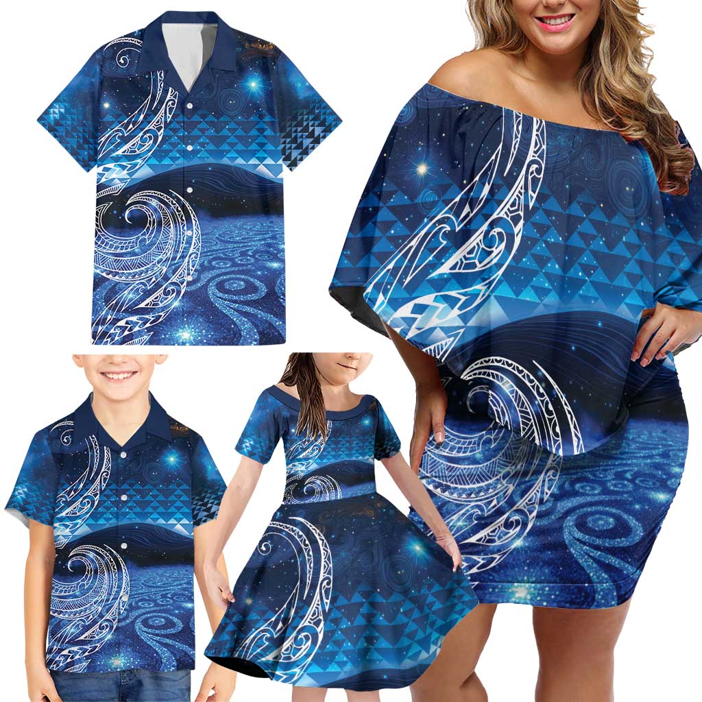 New Zealand Matariki Family Matching Off Shoulder Short Dress and Hawaiian Shirt Taniko Aramoana With Koru Galaxy Sky Night LT9 - Polynesian Pride