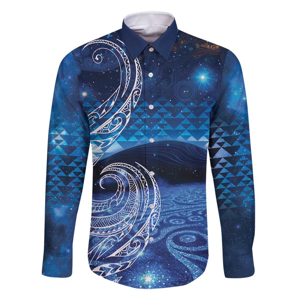 New Zealand Matariki Family Matching Tank Maxi Dress and Hawaiian Shirt Taniko Aramoana With Koru Galaxy Sky Night LT9 Dad's Shirt - Long Sleeve Galaxy - Polynesian Pride