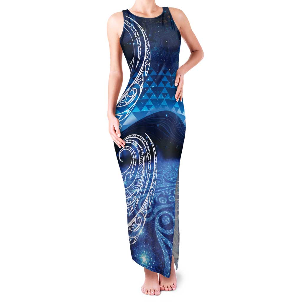 New Zealand Matariki Family Matching Tank Maxi Dress and Hawaiian Shirt Taniko Aramoana With Koru Galaxy Sky Night LT9 Mom's Dress Galaxy - Polynesian Pride