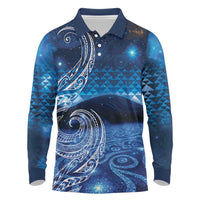 New Zealand Matariki Long Sleeve Polo Shirt Taniko Aramoana With Koru Galaxy Sky Night LT9 Galaxy - Polynesian Pride
