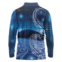New Zealand Matariki Long Sleeve Polo Shirt Taniko Aramoana With Koru Galaxy Sky Night LT9 - Polynesian Pride
