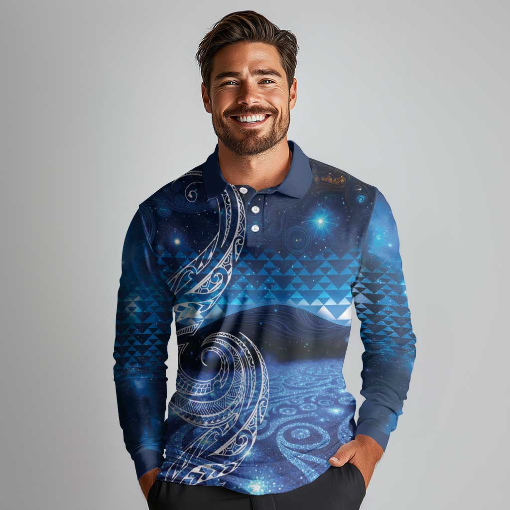 New Zealand Matariki Long Sleeve Polo Shirt Taniko Aramoana With Koru Galaxy Sky Night LT9 - Polynesian Pride