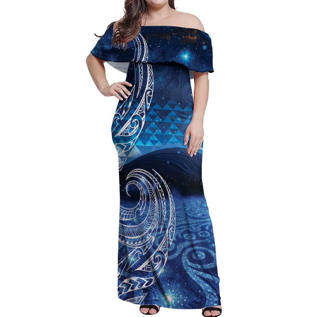 New Zealand Matariki Off Shoulder Maxi Dress Taniko Aramoana With Koru Galaxy Sky Night LT9 Women Galaxy - Polynesian Pride