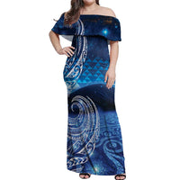 New Zealand Matariki Off Shoulder Maxi Dress Taniko Aramoana With Koru Galaxy Sky Night LT9 Women Galaxy - Polynesian Pride