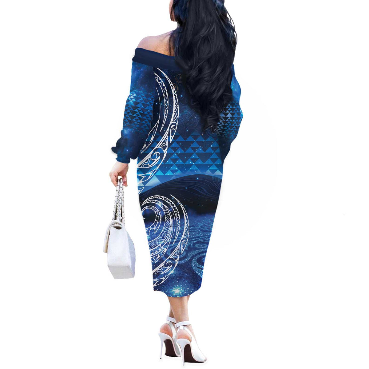 New Zealand Matariki Off The Shoulder Long Sleeve Dress Taniko Aramoana With Koru Galaxy Sky Night LT9 - Polynesian Pride