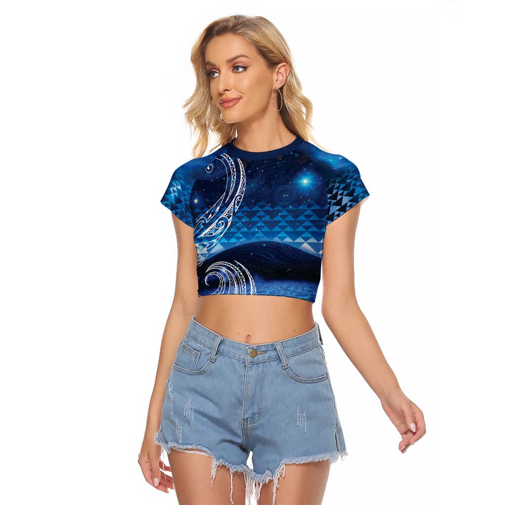 New Zealand Matariki Raglan Cropped T Shirt Taniko Aramoana With Koru Galaxy Sky Night LT9 Female Galaxy - Polynesian Pride